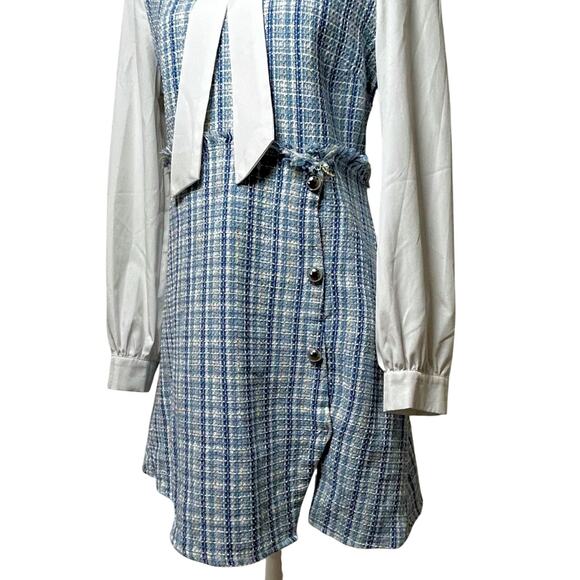 90s Clueless Preppy Style Blue Plaid Tweed Lady Dress Coquette Academia MEDIUM - Picture 5 of 10